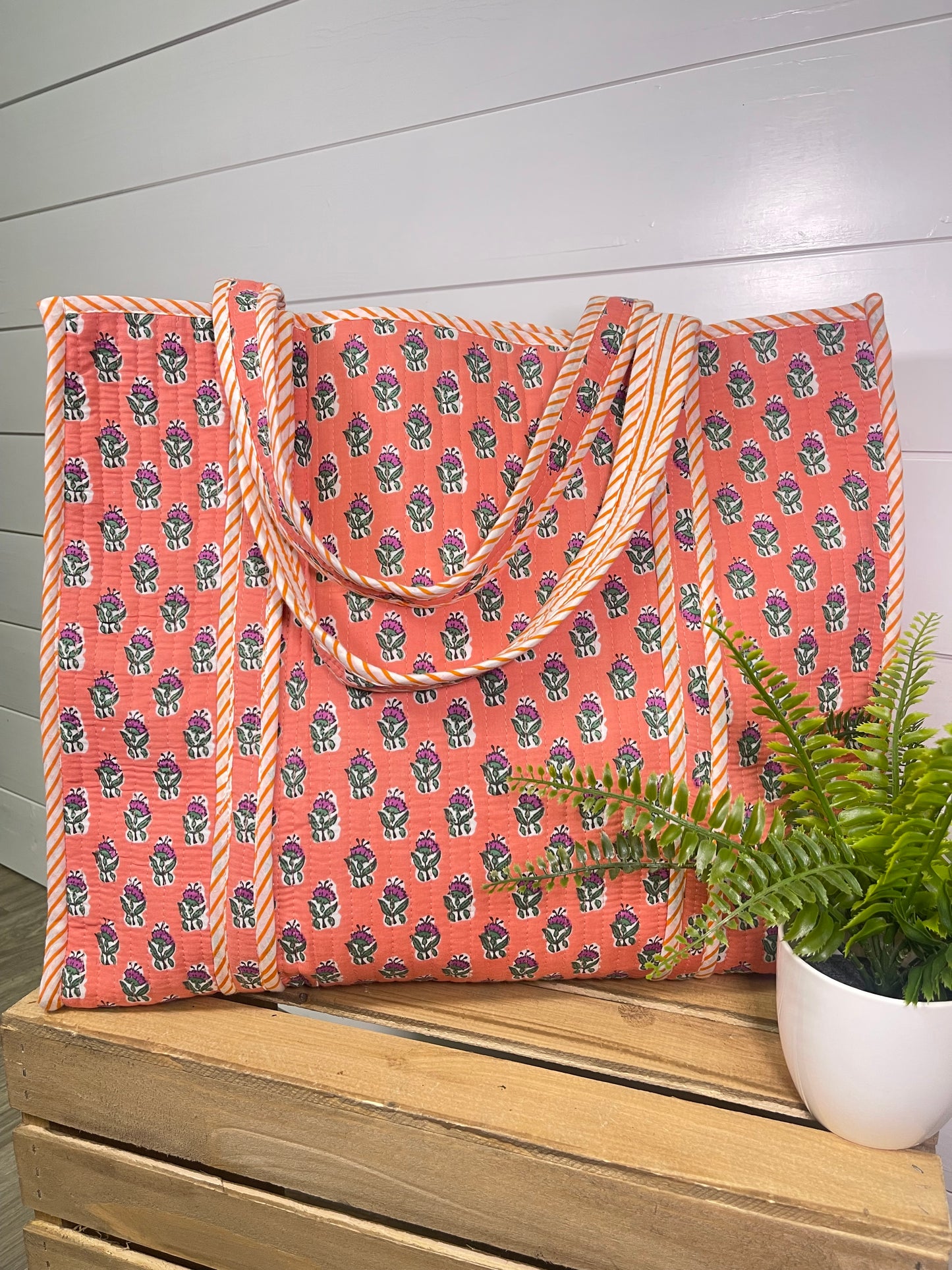 Coral Floral Quilt Tote
