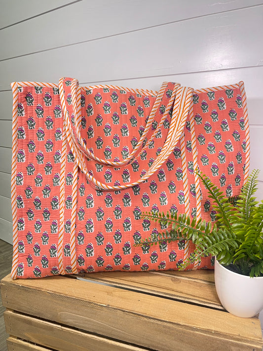 Coral Floral Quilt Tote